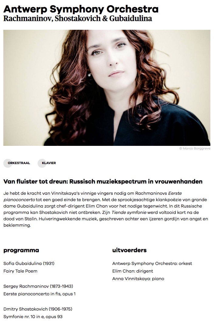 Page Internet. Concertgebouw Brugge. Antwerp Symphony Orchestra Rachmaninov, Shostakovich & Gubaidulina. 2022-01-15